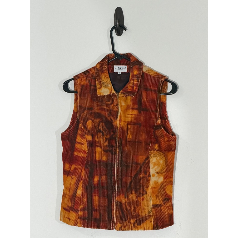 Vintage J'Envie NY Corduroy Zip Front Vest Abstract Paisley Orange Brown Size 8